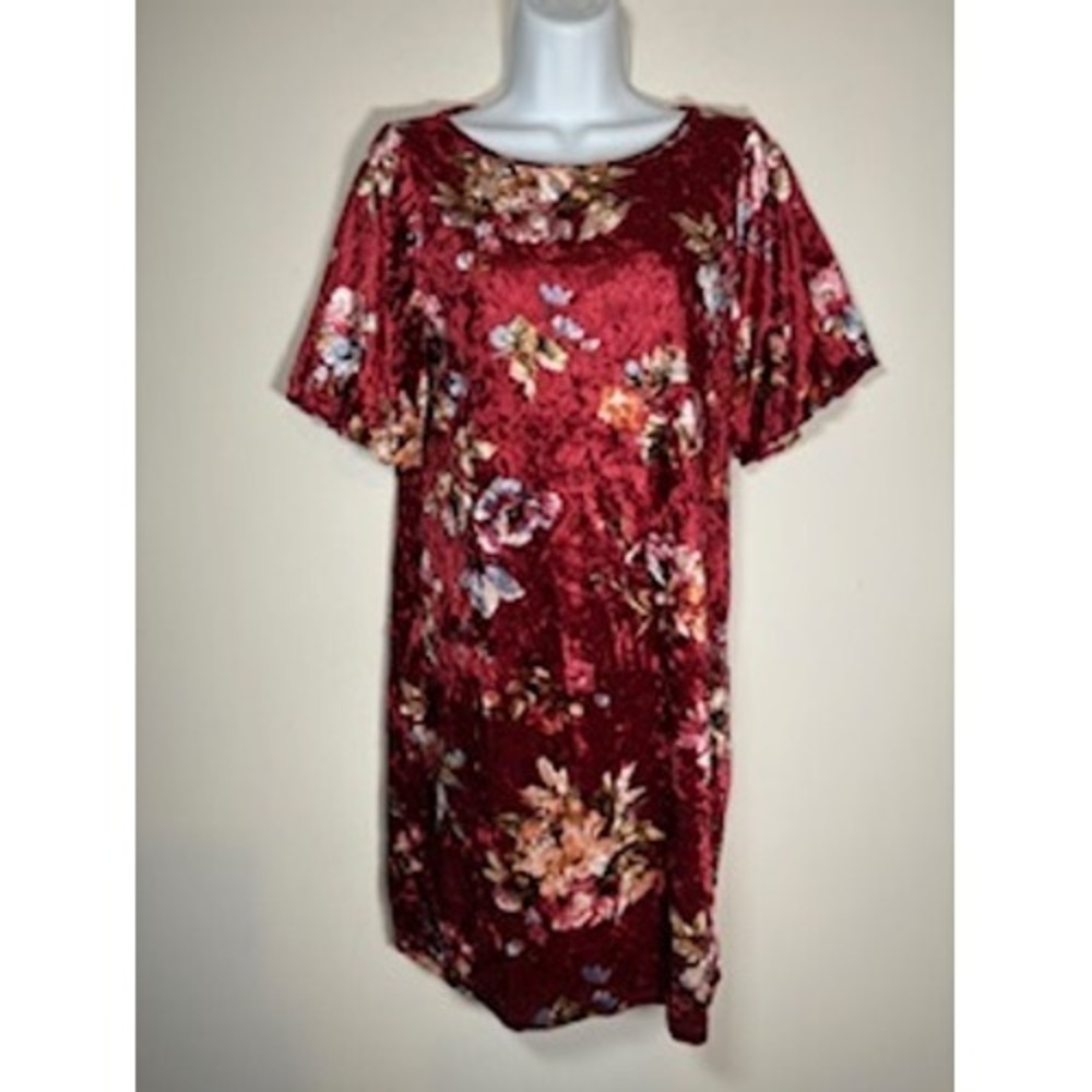 Burgundy Floral Crushed Velvet Short Sleeve Shift Dress Size Small Whimsigoth